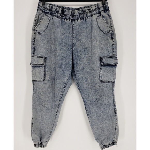 Hybrid & Co Acid Wash Cargo Crop Jogger Jeans 2X - Picture 1 of 9